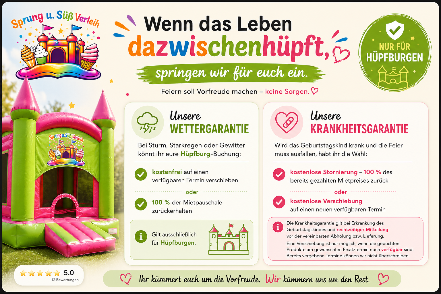 Wetter- und Krankheitsgarantie für Hüpfburgen bei Sprung & Süß Verleih