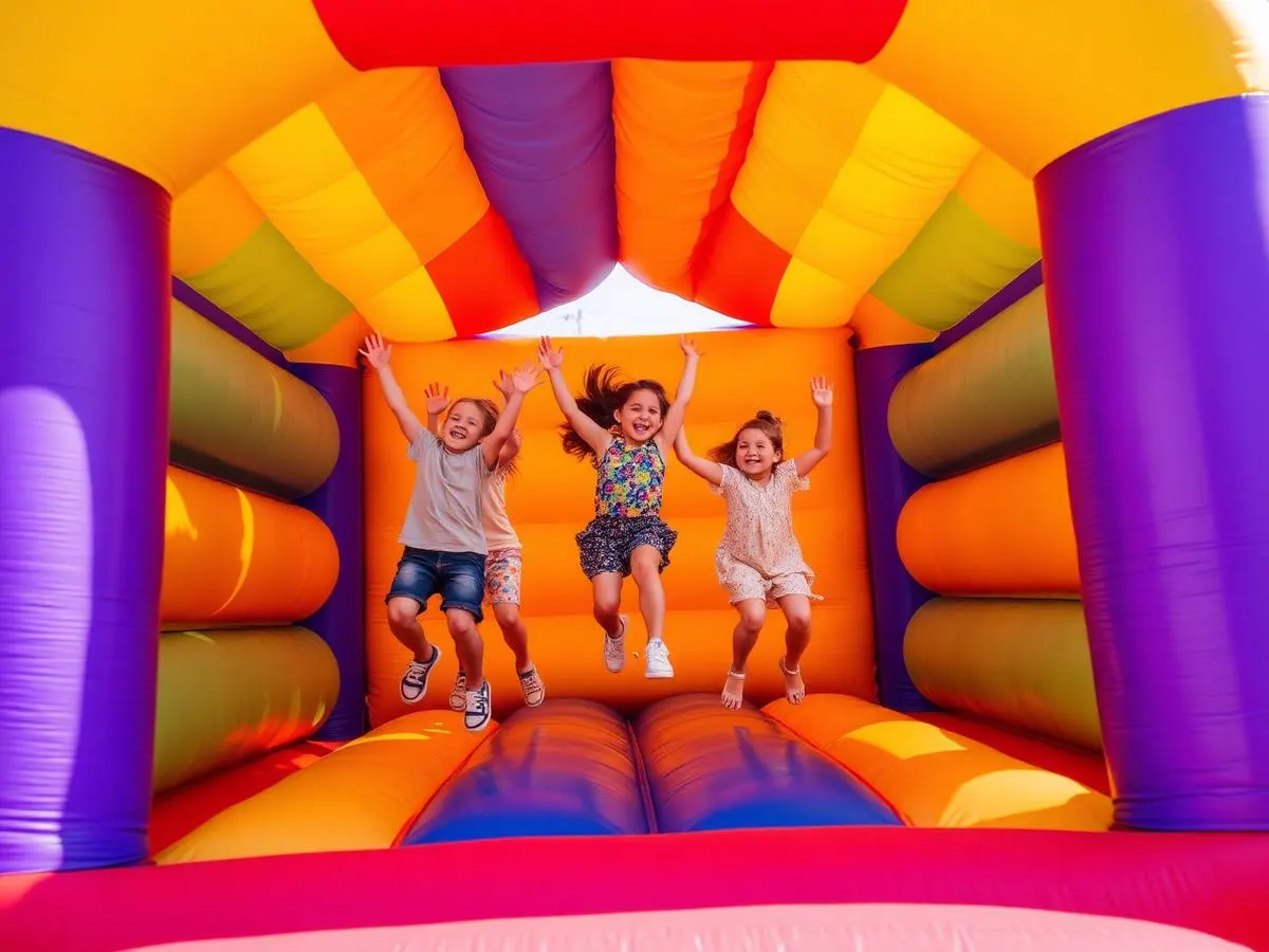 Kinder springen in einer bunten Regenbogen-Hüpfburg beim Event von Sprung & Süß Verleih
